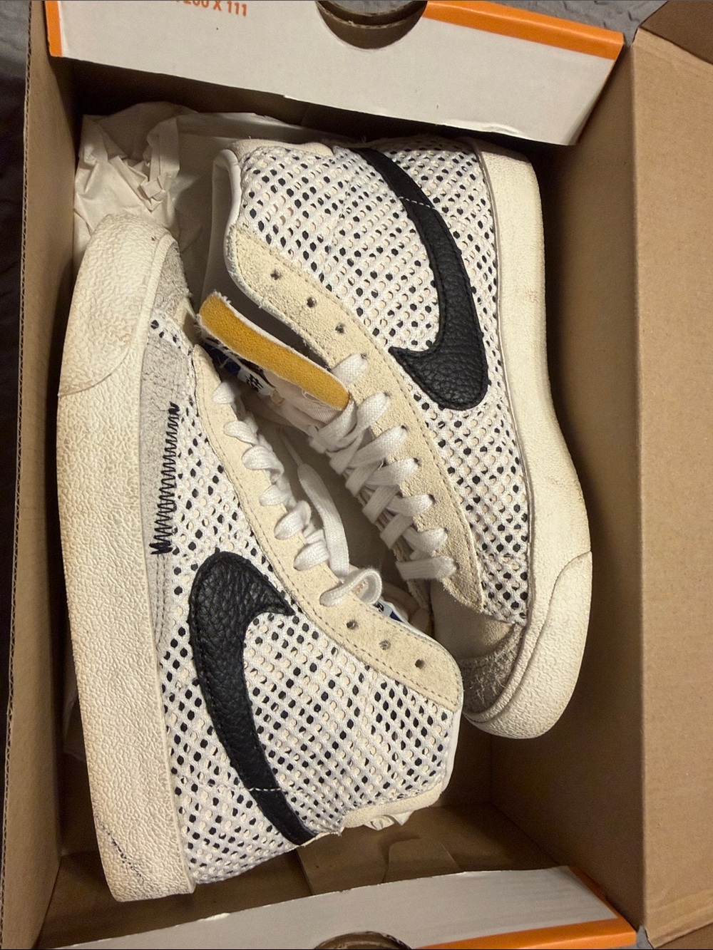 Nike White Woven High-Top Sneakers with Black Swoosh and Yellow Tongue Tab
